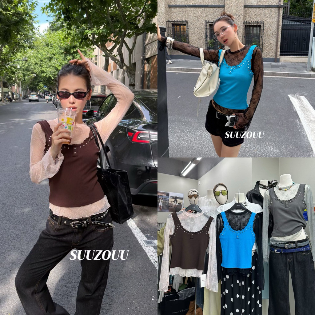 ส่งด่วน 26L521 𝗣𝗔𝗦𝗧𝗘𝗟 𝗗𝗨𝗢 𝗧𝗢𝗣 (Set2ชิ้น) เสื้อที่มีลูกเล่นเลเยอร์สองชั้น SUUZOUU