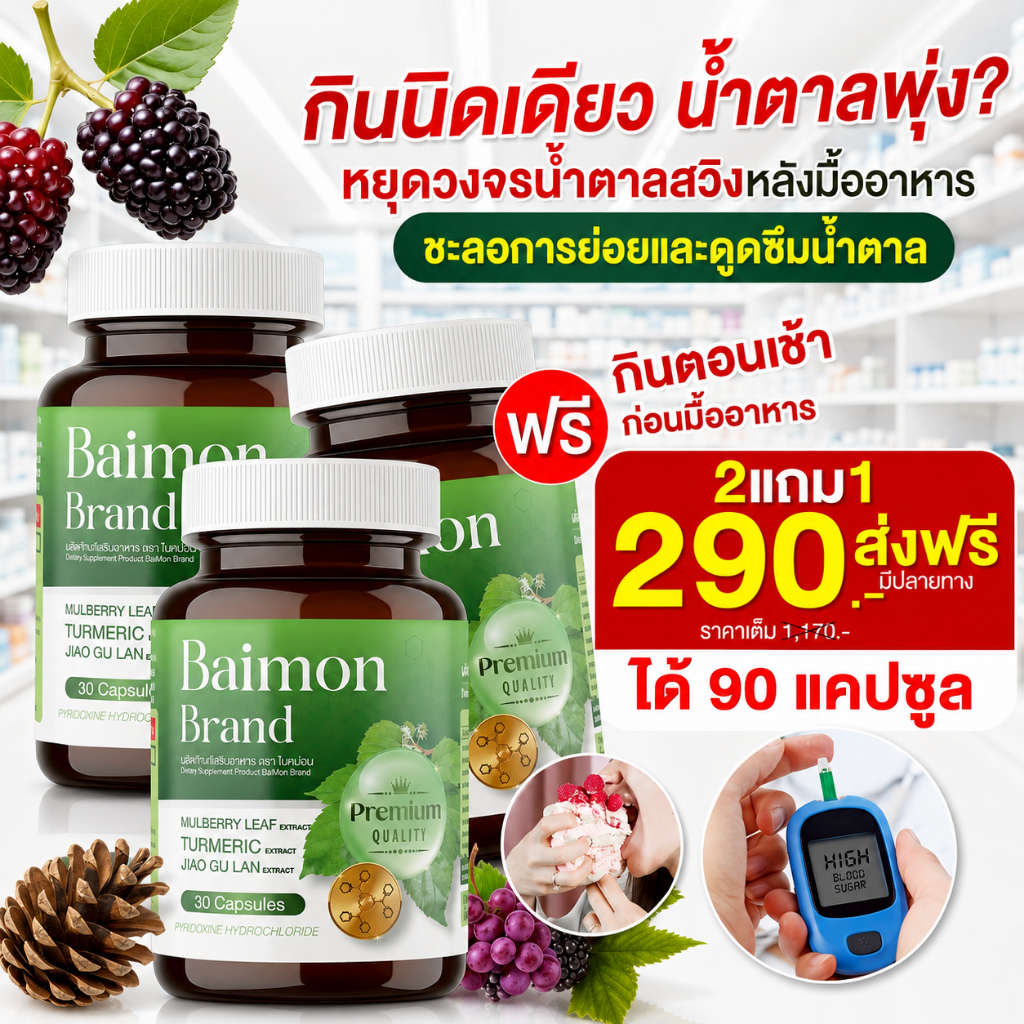 ส่งพรุ่งนี้ > Baimon ใบหม่อน ลดน้ำตาล ลดไขมัน Merrita ของแท้100% นครราชสีมา