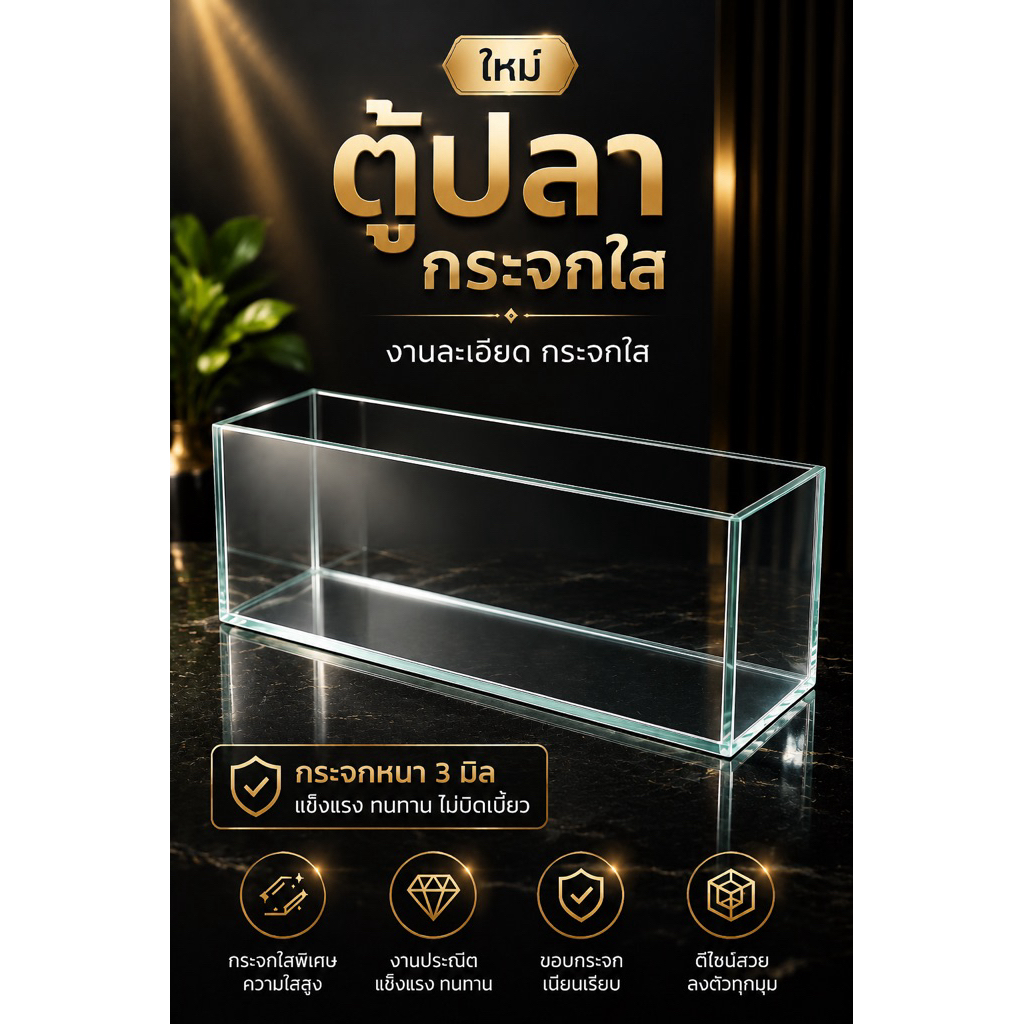 ใหม่ ตู้ปลาทรงแคบกระจกใสพร้อมฝาตะแกง 20 นิ้ว 6x20x8 นิ้ว งานระเอียดกระจกใส