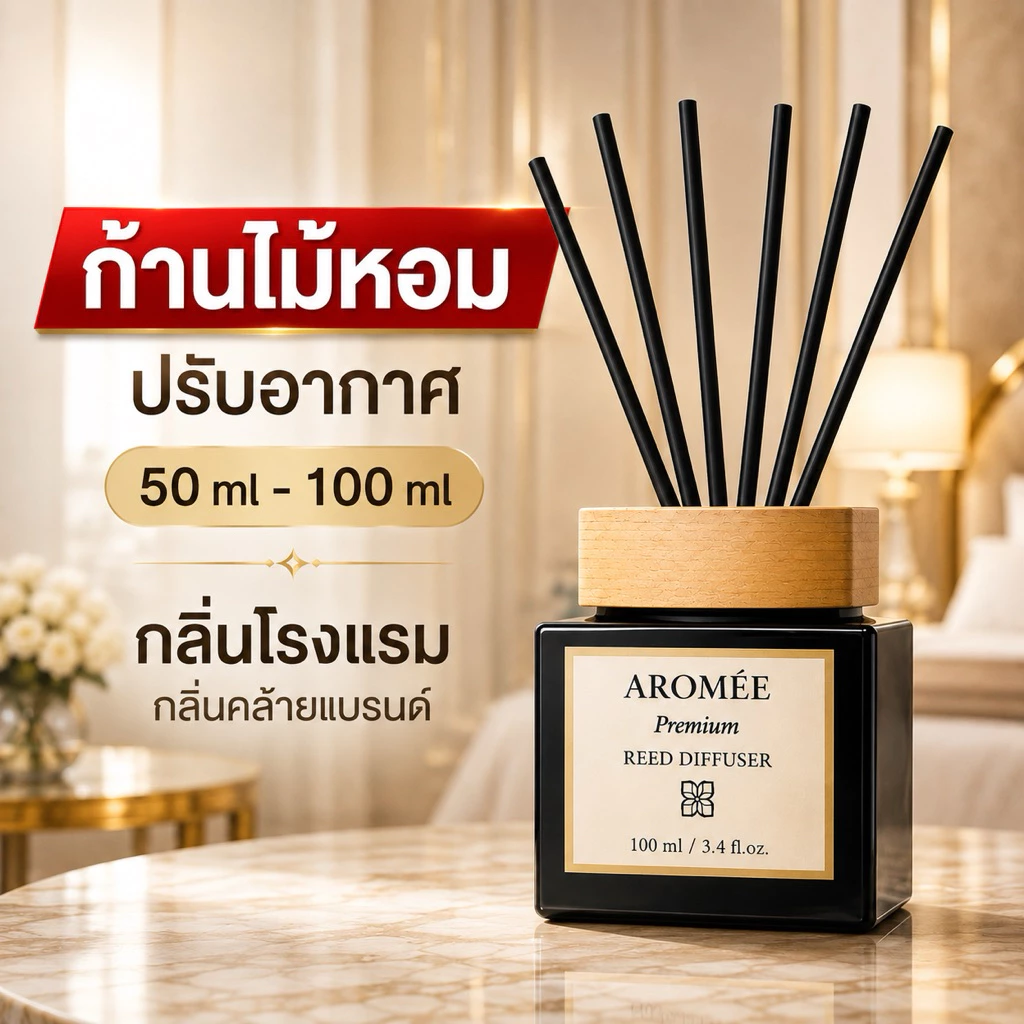 ก้านไม้หอม น้ำหอมปรับอากาศ กลิ่นโรงแรมหรู ผ่อนคลายช่วยนอนหลับ ใช้นาน 2-4 เดือน ไม่ฉุน ไม่เวียนหัว ไม่มีแอลกอฮอล์ AROMEE