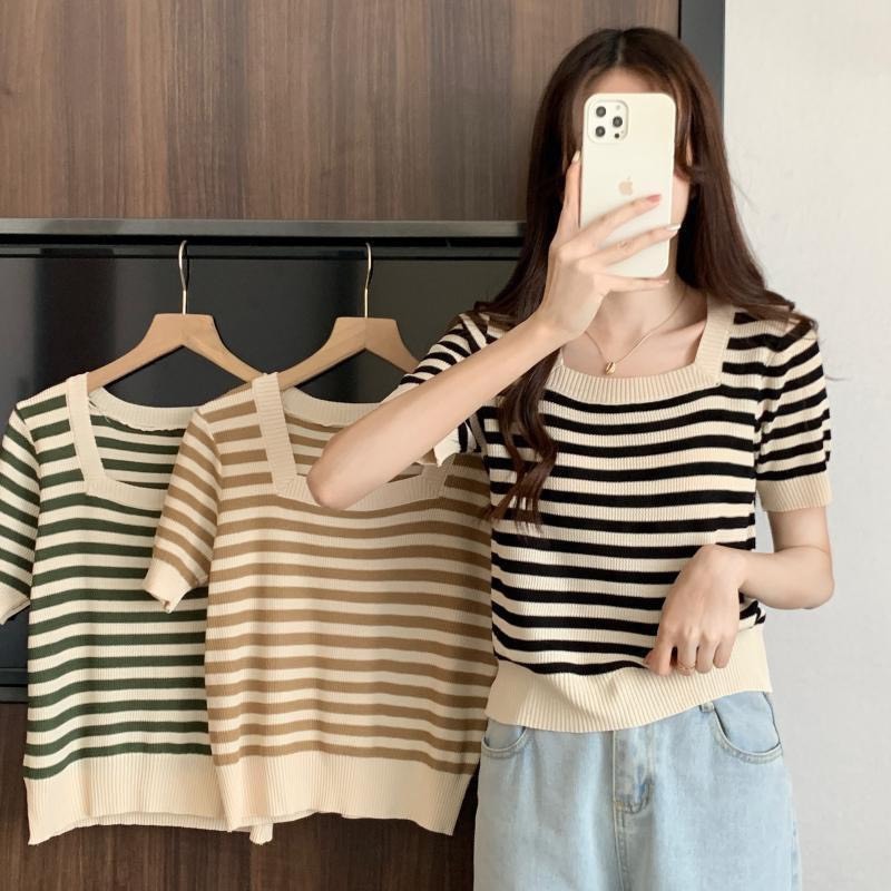 เสื้อไหมพรมแขนสั้น คอกลม แต่งลายขวาง ผ้าใส่สบาย สไตล์เกาหลี แฟชั่นผู้หญิง