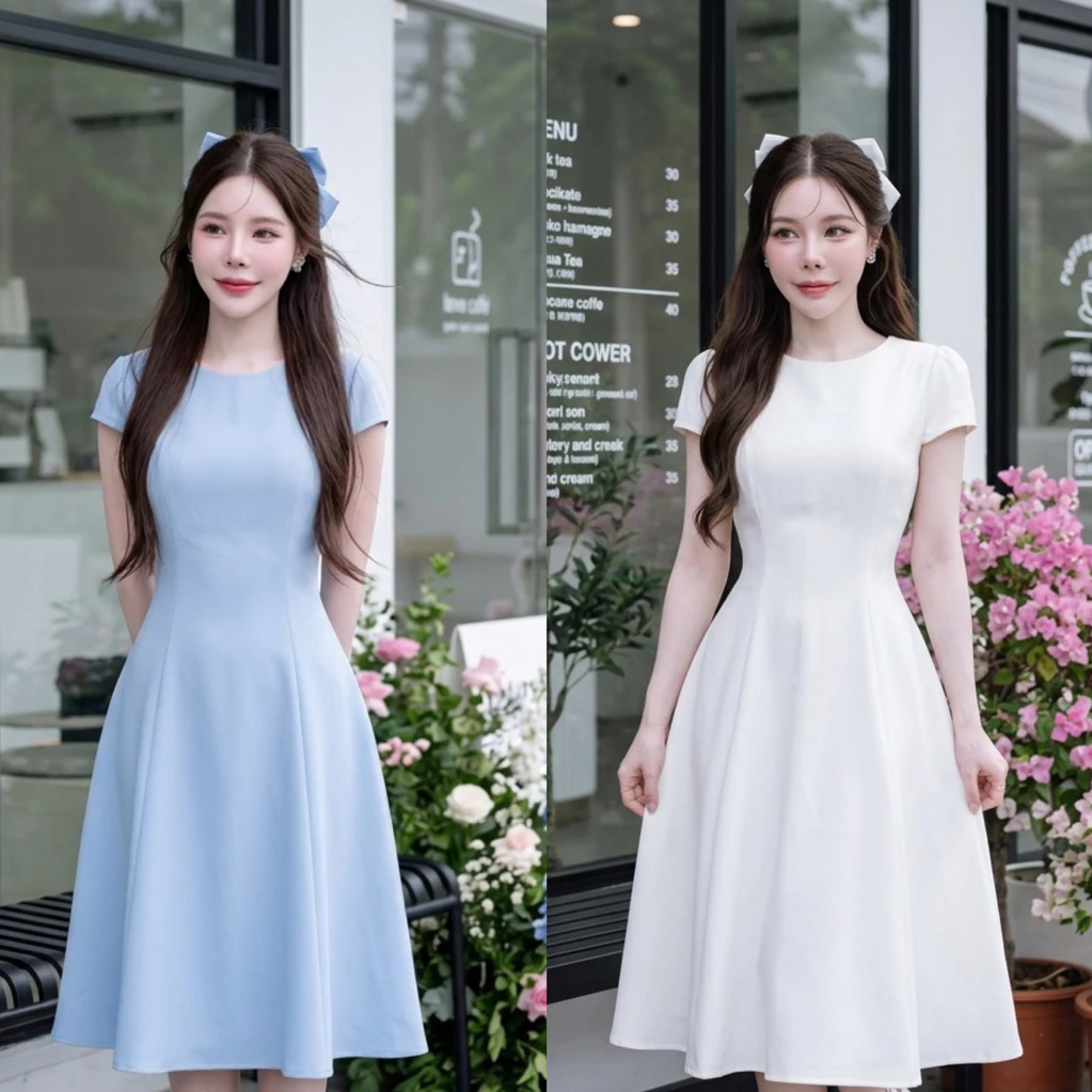 D901 เดรสคอกลมแขนครึ่งวงกลม มีกระเป๋าล้วง ไซส์ S-3XL ความยาว 40 นิ้ว