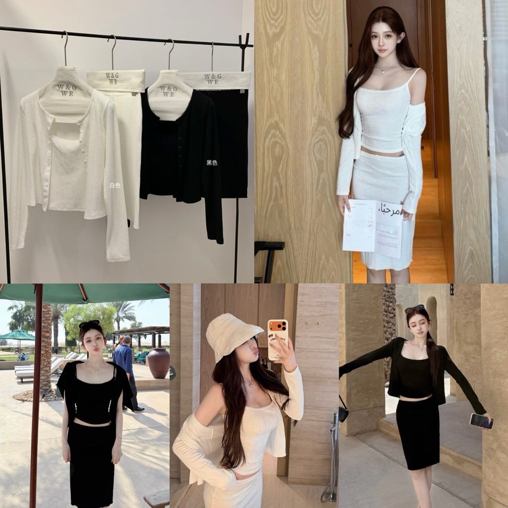 พร้อมส่ง 10726# Set 3 pcs เสื้อคลุมแขนยาว งานกระดุมหน้า+ เสื้อสายเดี่ยว + กระโปรงเอวยางยืด เนื้อผ้าดี TAG:WG.WE