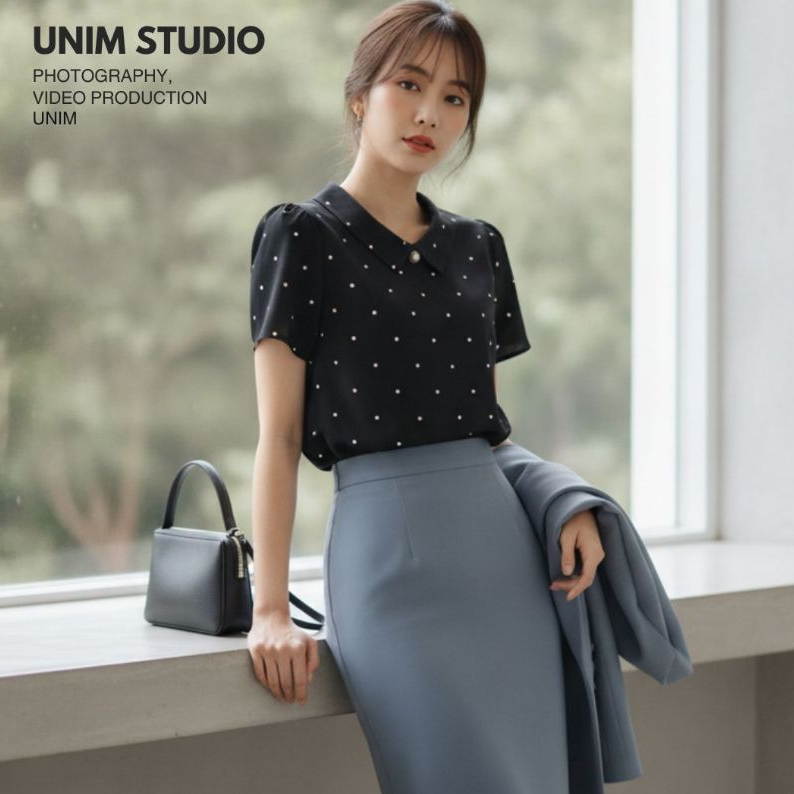 Unim เสื้อปกเชิ๊ตมุกดำ ลายจุด ผ้าไหมอิตาลี