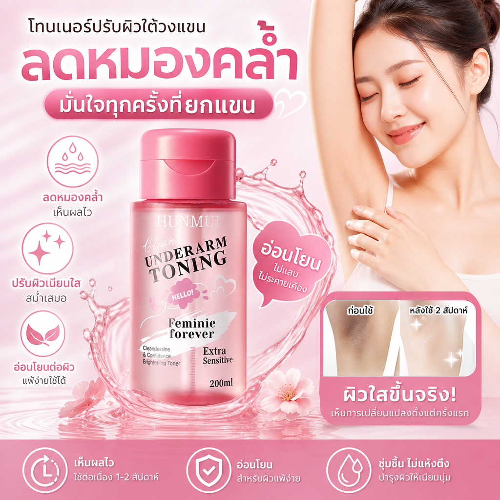 【พร้อมจัดส่ง🚛】HUNMUI Underarm Toning 200ml ฝาปั้ม ขาหนีบ คอดำ ข้อศอกดดำ โทนเนอร์เช็ดรักแร้