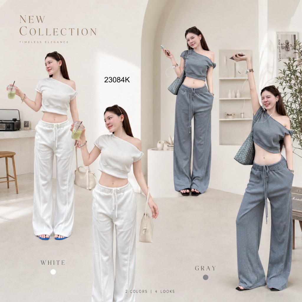 Set 2 ชิ้น เสื้อไหล่เดียว แขนสั้น แบบครอป + กางเกงขายาว .. TW23084 TwinsShopVip พร้อมส่ง