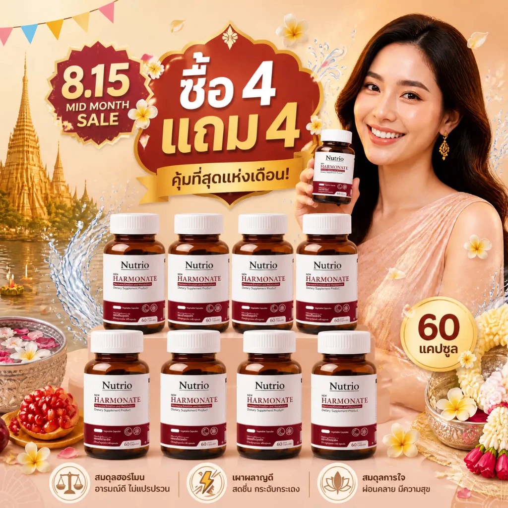⚡โปรโมชั่น 8.15! ซื้อ4แถม4 Nutrio Harmonate 60 แคปซูล ดูแลฮอร์โมนวัยทอง นอนหลับลึก อารมณ์ดี ธรรมชาติ100% จัดส่งไว ของแท้