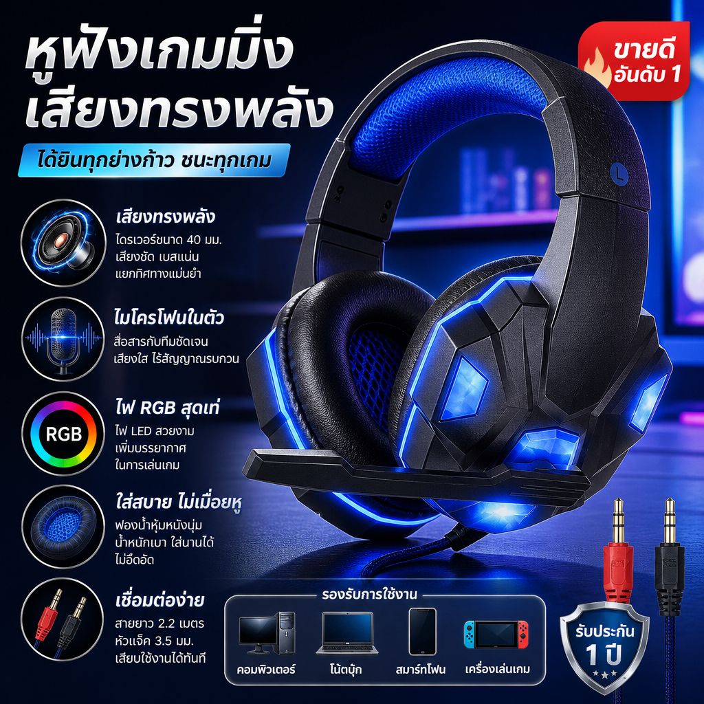 หูฟังเกมมิ่ง หูฟังครอบหู มีไมค์ เบสแน่น เสียงดี สาย 3.5mm มีไฟ RGB สำหรับ PC/Notebook/มือถือ พร้อมส่งในไทย