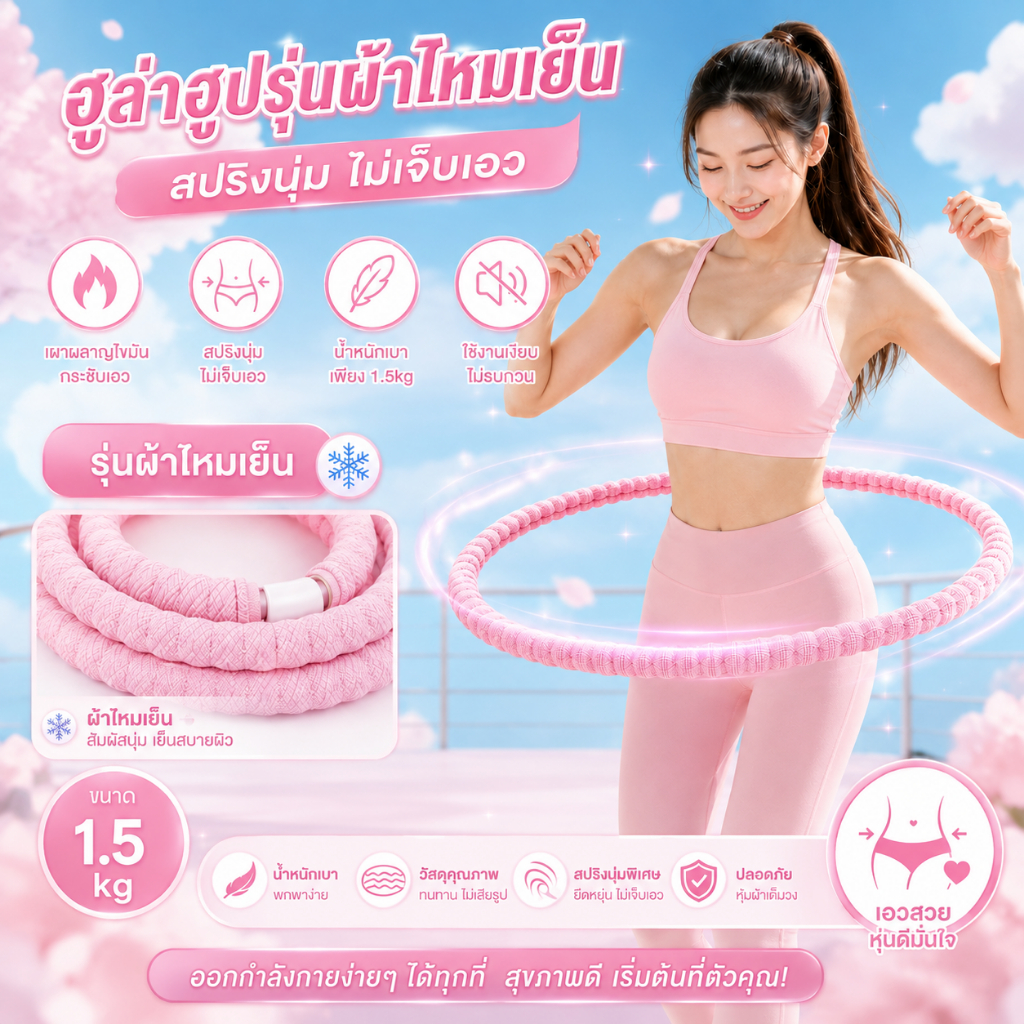 ฮูล่าฮูป 1.5 KG รุ่นผ้าไหมเย็น สปริงนุ่มไม่เจ็บเอว น้ำหนักเบา ใช้งานเงียบ เผาผลาญไขมันและกระชับเอว E34
