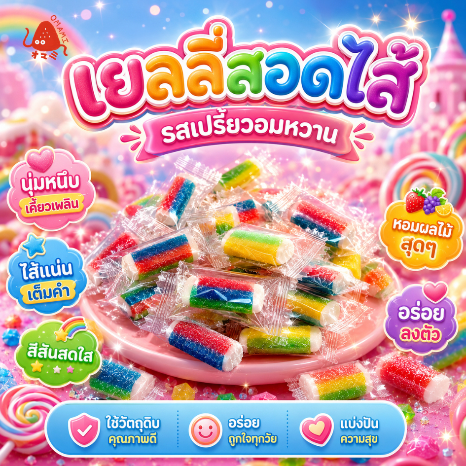 เยลลี่สายรุ้ง-สอดไส้ รสชาติ ปเรี้ยวอมหวาน เคี้ยวเพลิน บรรจุ 2 ขนาด 50 เม็ด,100 เม็ด