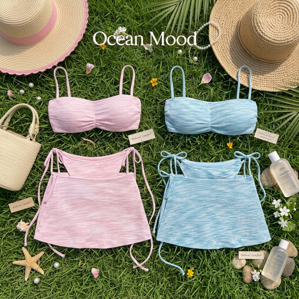 Ocean Mood | ชุดว่ายน้ำทูพีซ สไตล์เกาหลี เสื้อสายเดี่ยว ทรงเกาะอก กระโปรงว่ายน้ำ สีพาสเทลน่ารัก ชุดไปทะเล