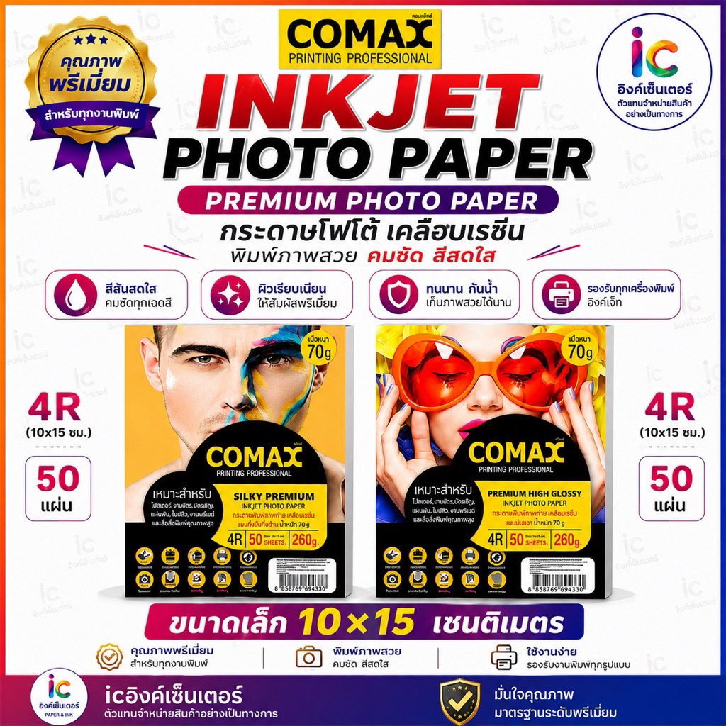 COMAX กระดาษโฟโต้ แบบกึ่งมันกึ่งด้าน  แบบมันวาว เคลือบเรซิ่น COMAX SILKY PREMIUM 260แกรม 4R กันน้ำ 50แผ่น กระดาษปริ้นรูป