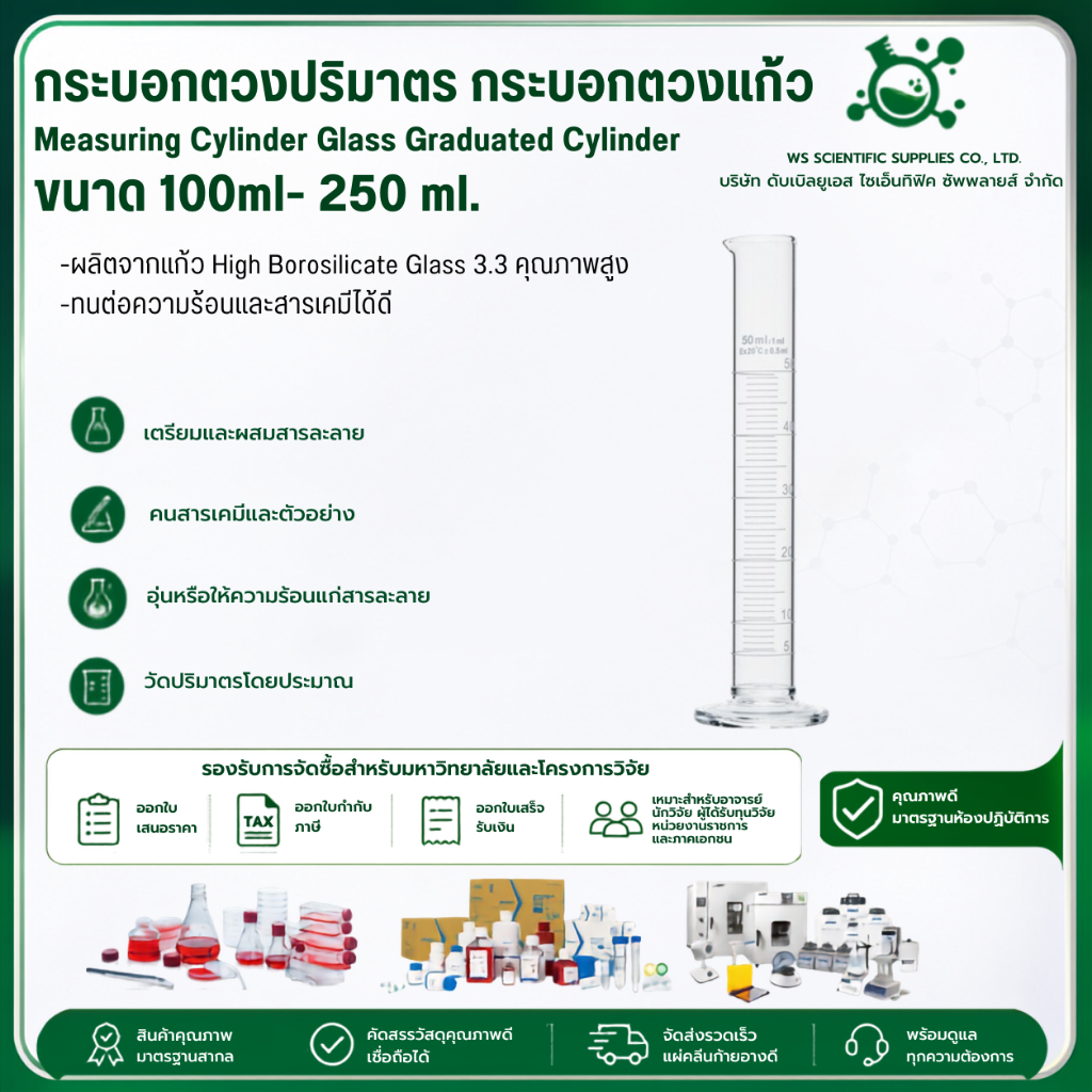 Measuring Cylinder กระบอกตวงปริมาตร กระบอกตวงแก้ว Glass Graduated Cylinder ขนาด 100ml- 250 ml.