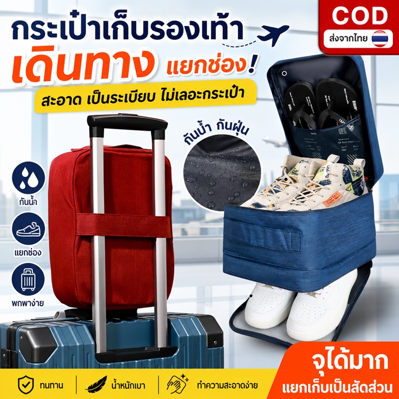 กระเป๋าใส่รองเท้า กันน้ำกันฝุ่น มีซิปปิด มีหลายช่อง ใส่รองเท้าได้ 3 คู่ พกพาสะดวก เหมาะใช้งานกีฬาและท่องเที่ยว