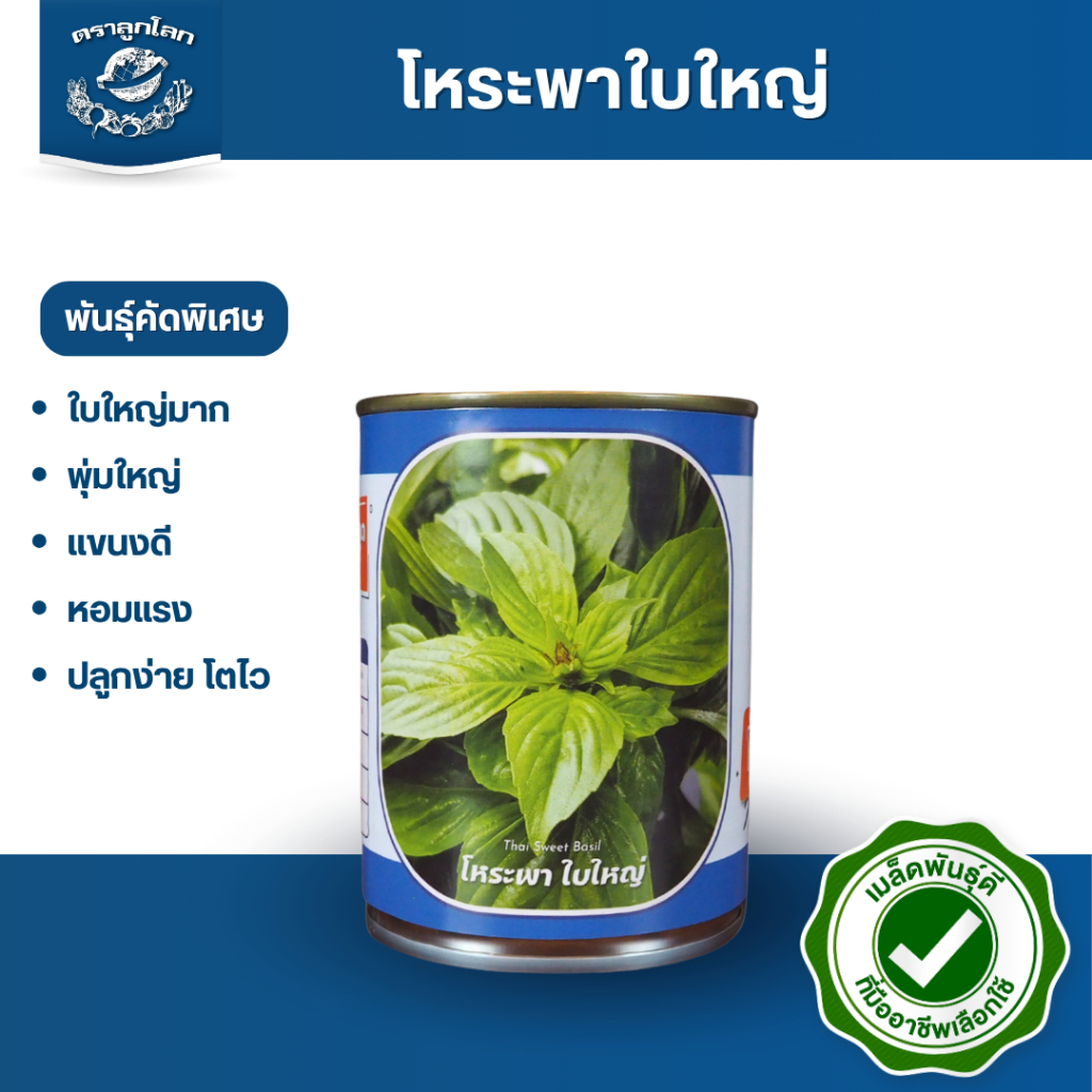 ตราลูกโลก เมล็ดโหระพา ใบใหญ่ Basil เมล็ดพันธุ์ผัก ผักสวนครัว ผักซอง ลูกโลก ขนาด 25 กรัม