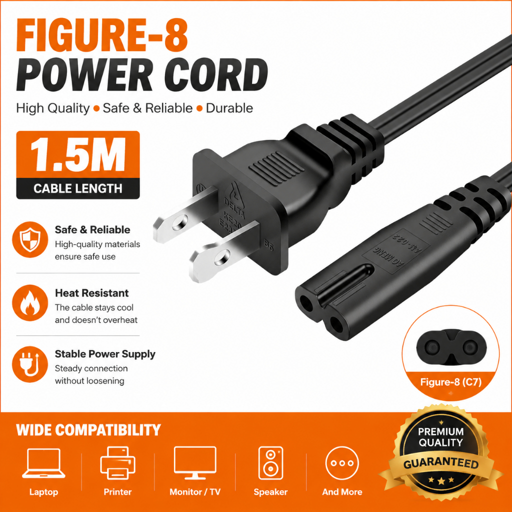 สายไฟ AC หัวรูปเลข8 ปลั๊กอเมริกา 2 ขา IEC C7 ยาว1.5เมตร สายชาร์จทีวี จอคอมพิวเตอร์ ลำโพง