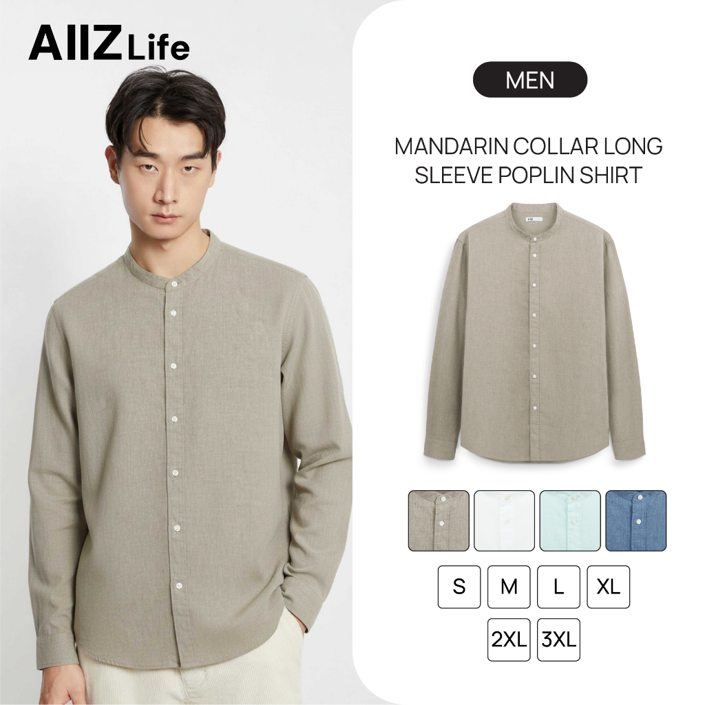 AIIZ (เอ ทู แซด) - AIIZ เสื้อเชิ้ตผู้ชายแขนยาวคอจีนผ้าป๊อปลิน AIIZ Men’s Mandarin Collar Long Sleeve Poplin Shirt