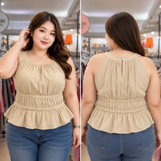 2S-2122-เสื้อกล้ามสายเดี่ยว ผ้าคัตตอลลินินอัดยับ แต่งย่น สม็อคเอว พรางหุ่น เสื้อสาวอวบ อก38-54นิ้ว