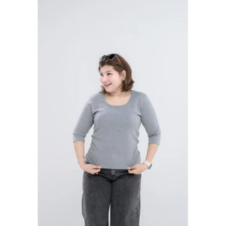 เสื้อยืดสาวอวบ อ้วน ผ้าร่องแขนสามส่วน #H251