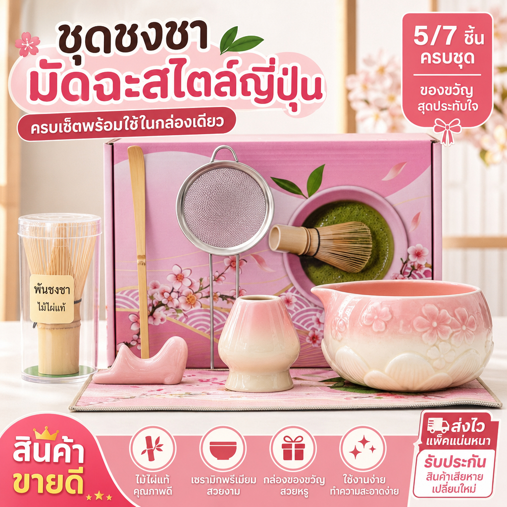 ชุดอุปกรณ์ชงมัทฉะญี่ปุ่น 5/7 ชิ้น สีชมพู/ม่วง พร้อมชามเซรามิก ที่วางไม้ตีมัทฉะ ไม้ตีมัทฉะ 100 แฉก กระชอนสแตนเลส ครบชุด