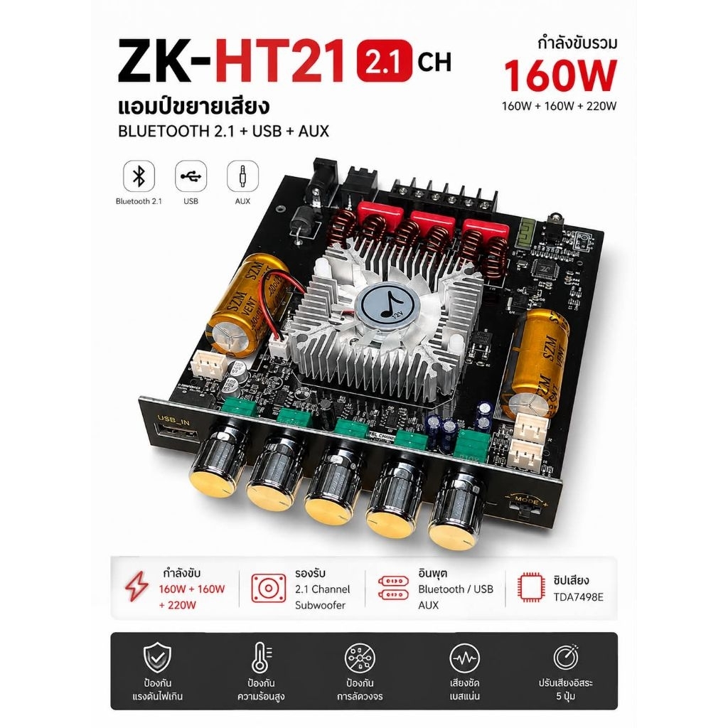 บอร์ดอขยายเสียง 2.1 ช่อง ZK-HT21+App Audio Power Amplifier 160W × 2 + Subwoofer 220W รองรับ USB