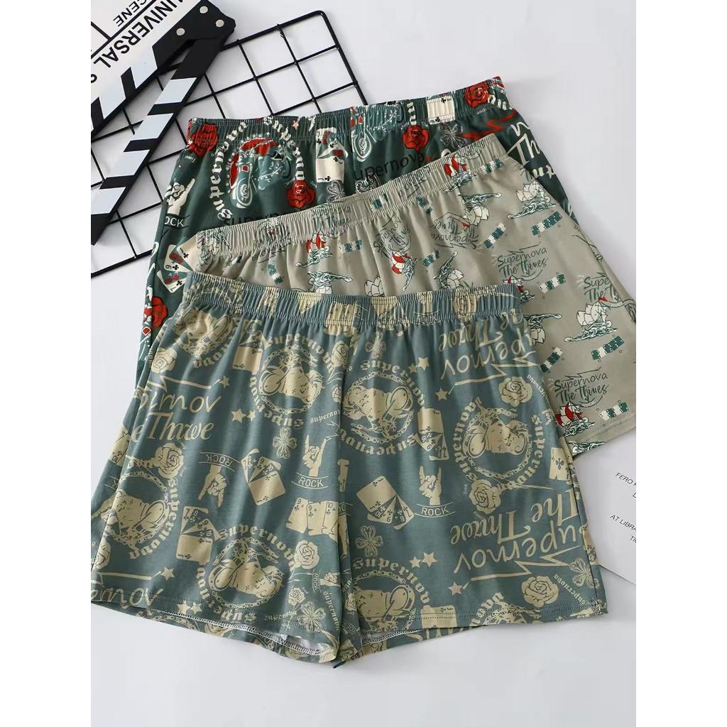 MW221 กางเกงบ็อกเซอร์ผู้ชาย ผ้าฝ้าย สไตล์ loose fit ลายดอกไม้ ระบายอากาศดี ใส่สบายทุกวัน