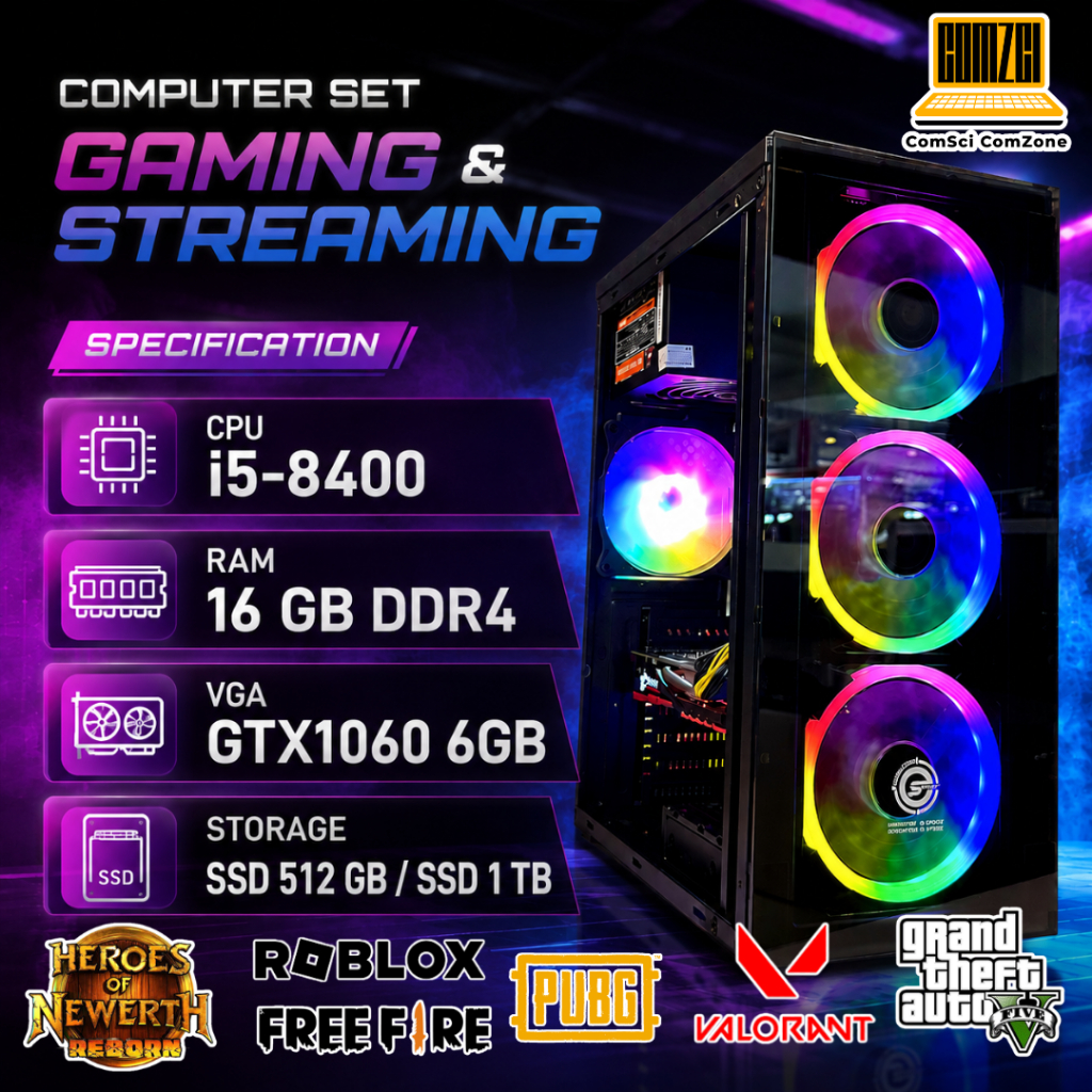 คอมพิวเตอร์ครบชุด Core i5-8400 /Ram 16GB/ SSD 512 GB,1 TB / GTX1060 6GB สำหรับไลฟ์สด เล่นเกมส์-ComSciComZone