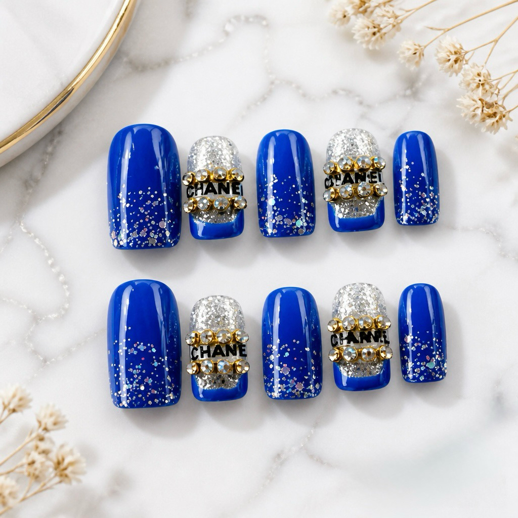 เล็บปลอมเจลแท้ สีน้ำเงิน blue แถมฟรีกาวตะไบ