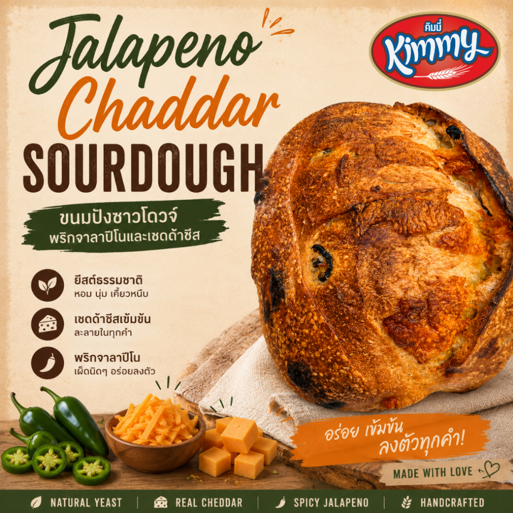 Kimmy ขนมปังซาวโดวจ์ จาลาปิโน่เชดดาร์ 400g / 800g ฮาลาล | Jalapeño Cheddar Sourdough