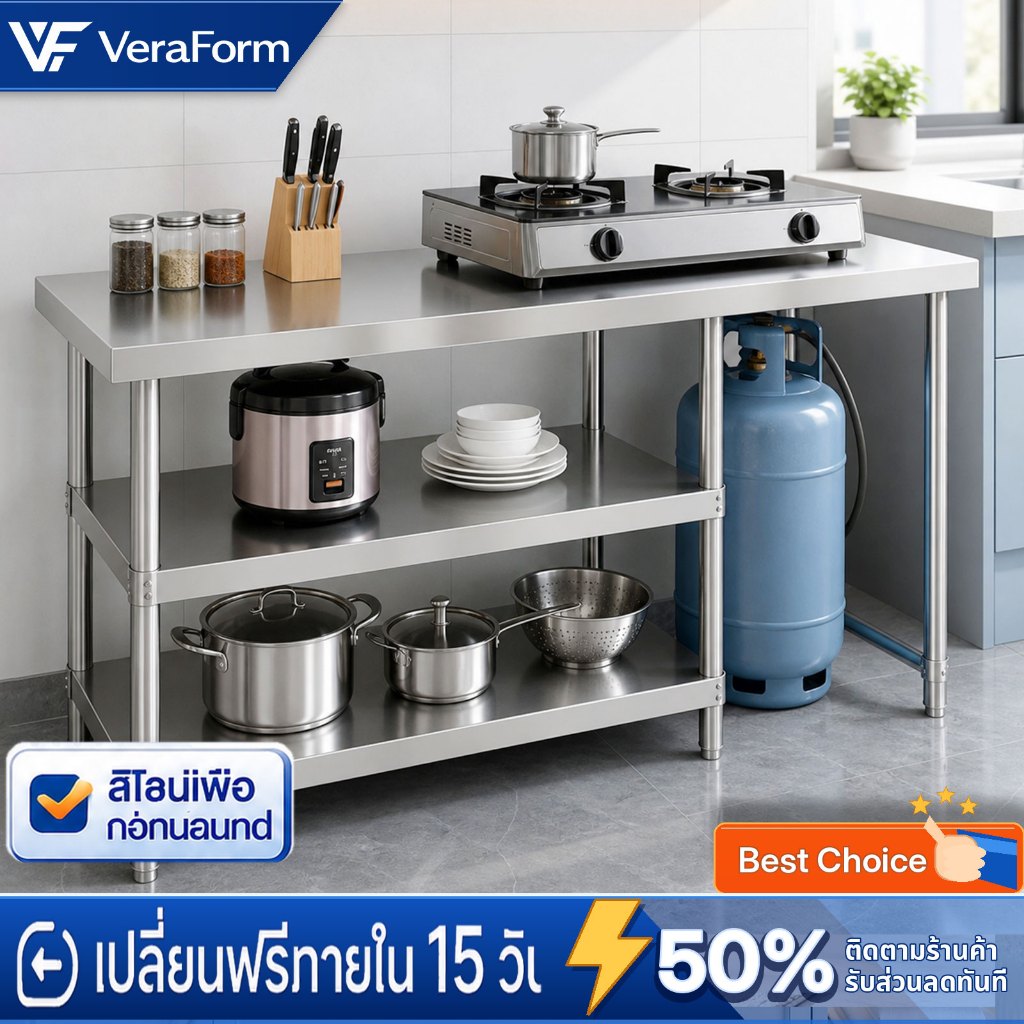 VF โต๊ะวางเตาแก๊ส สแตนเลส 304 3 ชั้น เคาน์เตอร์ครัว กันน้ำ กันเปื้อน แข็งแรงทนทาน เสริมคาน 2 เส้น รับน้ำหนักได้ดี