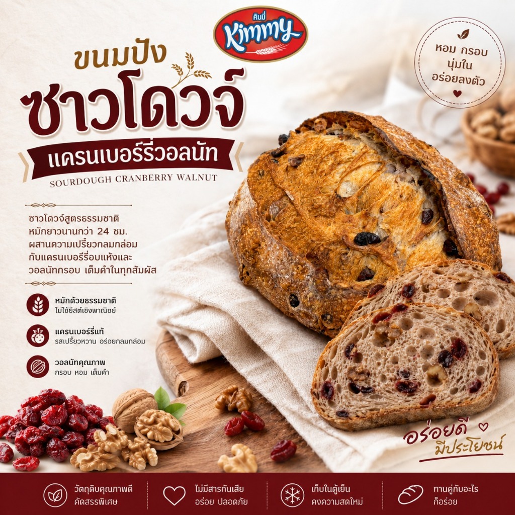 Kimmy ขนมปังซาวโดวจ์ แครนเบอร์รี่วอลนัท 400g / 800g ฮาลาล | Sourdough Cranberry Walnut