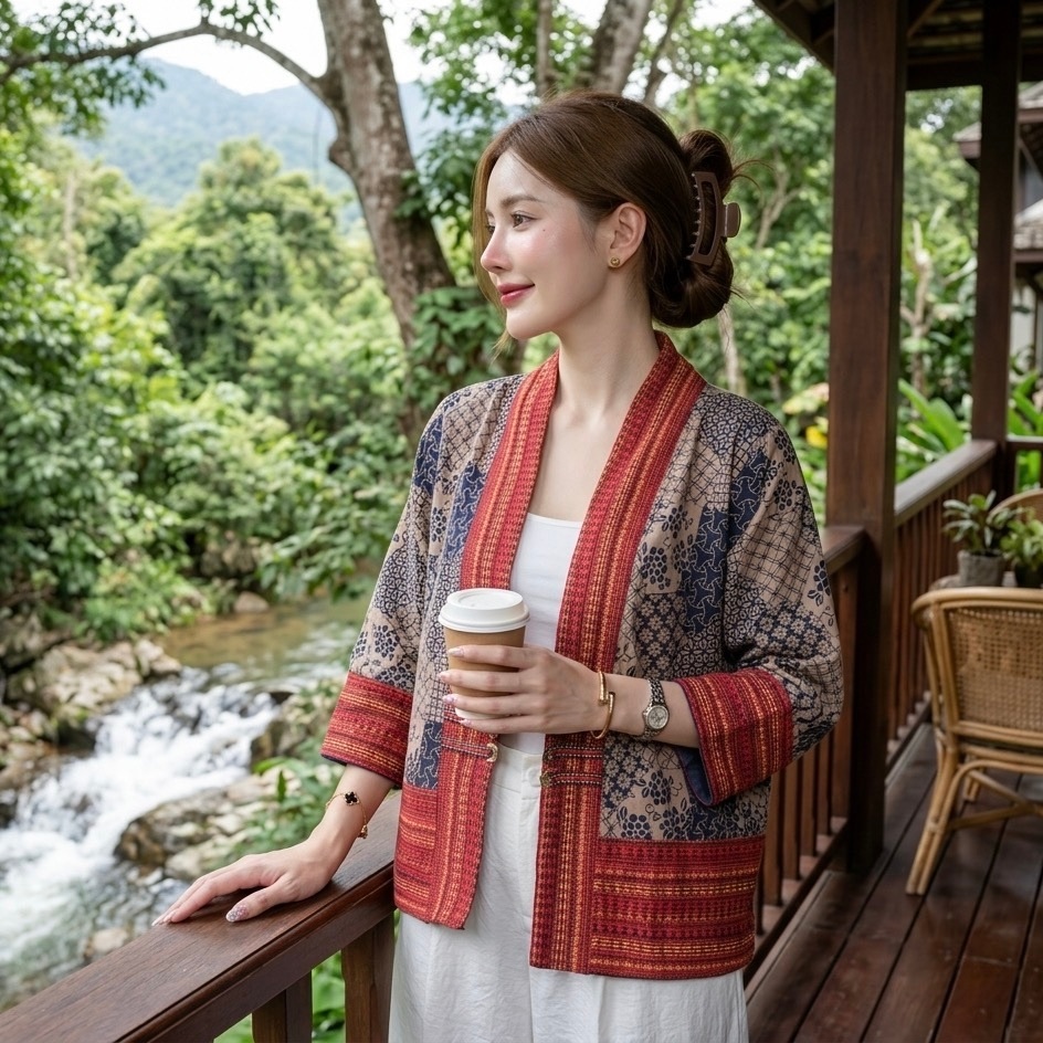 HOMJAI - เสื้อคลุมแขนยาวผ้าไทย แต่งแถบผ้าทอสีแดง ใส่คลุมร้อนคลุมหนาว ผ้าฝ้ายพิมพ์ลาย ทรงสวยใส่สบายค่