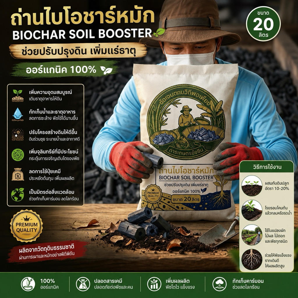 ถ่านไบโอชาร์หมัก BIOCHAR SOIL BOOSTER ช่วยปรับปรุงดิน เพิ่มแร่ธาตุ ออร์แกนิค100% ขนาด 20ลิตร