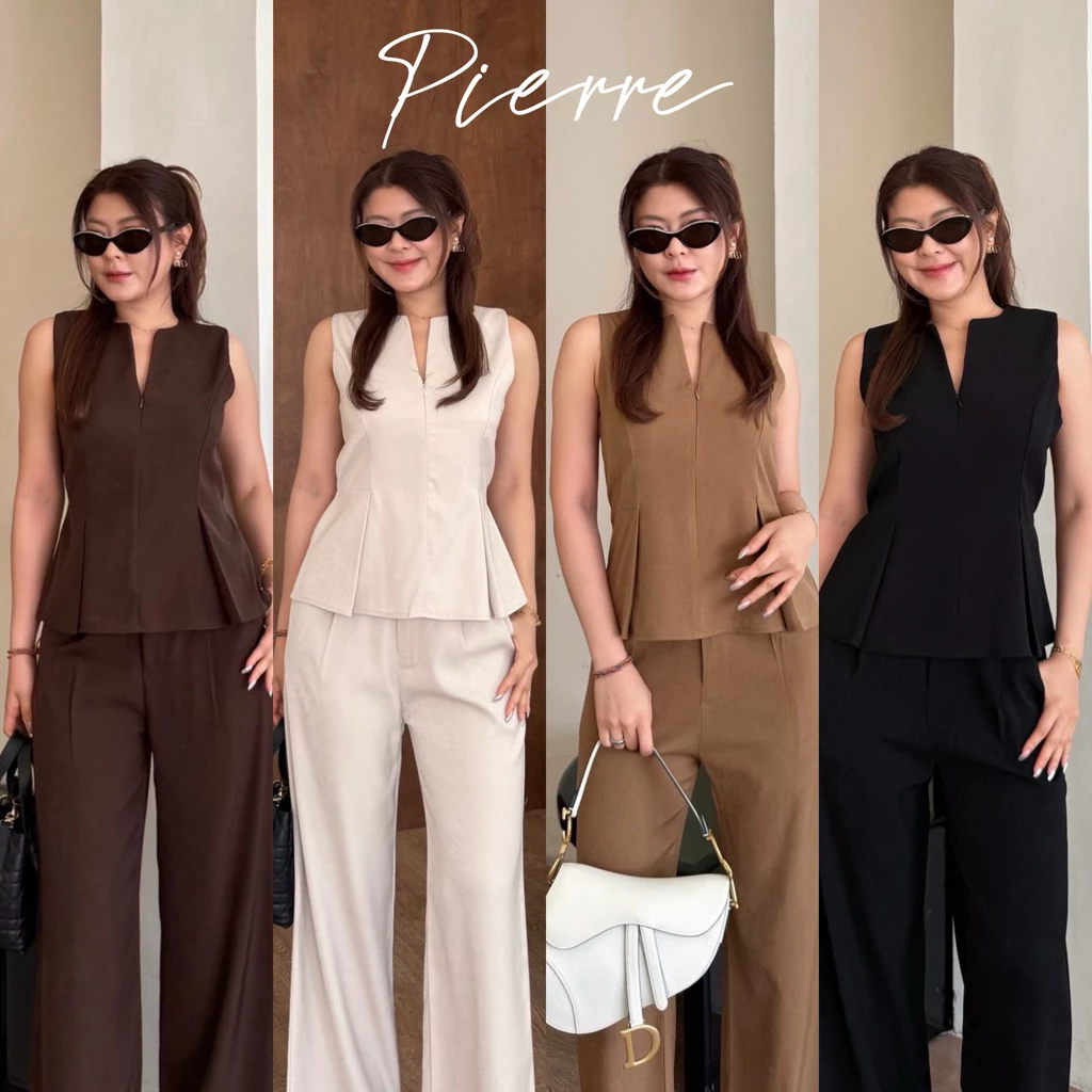 Pierre Set🌷ชุดเซ็ต เสื้อแขนกุด แต่งจีบเสื้อ มาพร้อมกางเกงขายาวทรงขากระบอก พร้อมส่ง🌷