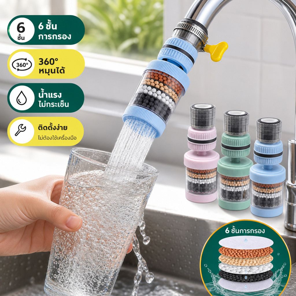  【ซื้อ1แถม2】หัวต่อก๊อกกรองน้ำ ชั้นกรอง 6ชั้น หัวกรองก๊อกน้ำ หมุนได้ 360° เครื่องกรองน้ำแบบก๊อกน้ำในครัวเรือน