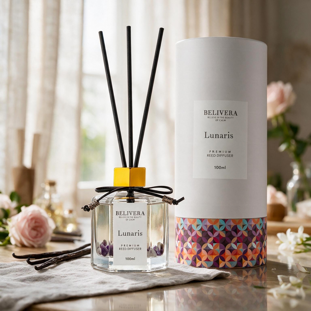 Lunaris Reed Diffuser 100ml Belivera ก้านไม้หอมปรับอากาศ พร้อมหินนำโชคปรับพลังงานในบ้าน  Amethyst Ge