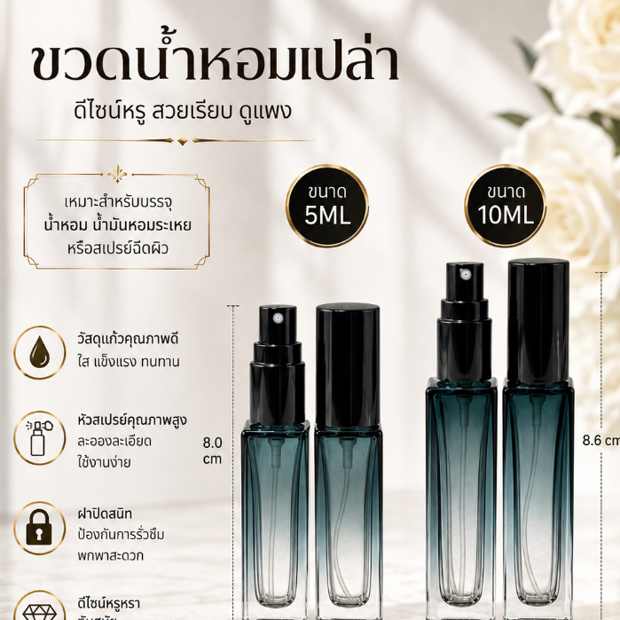 ขวดสเปรย์น้ําหอมสีฟ้าสีไล่ระดับ  5ml-10ml ขวดเปล่า ขวดน้ําหอมสี่เหลี่ยม