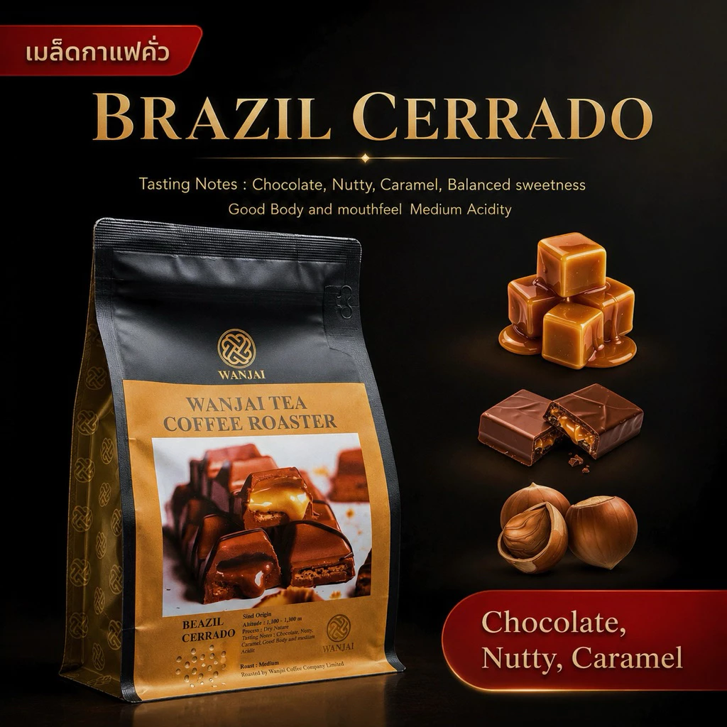 เมล็ดกาแฟคั่ว Brazil Cerrado คั่วระดับกลางเข้ม นมคาราเมล,นัตตี้,ถั่ว WHANJAI TEA COFFEE ROASTER
