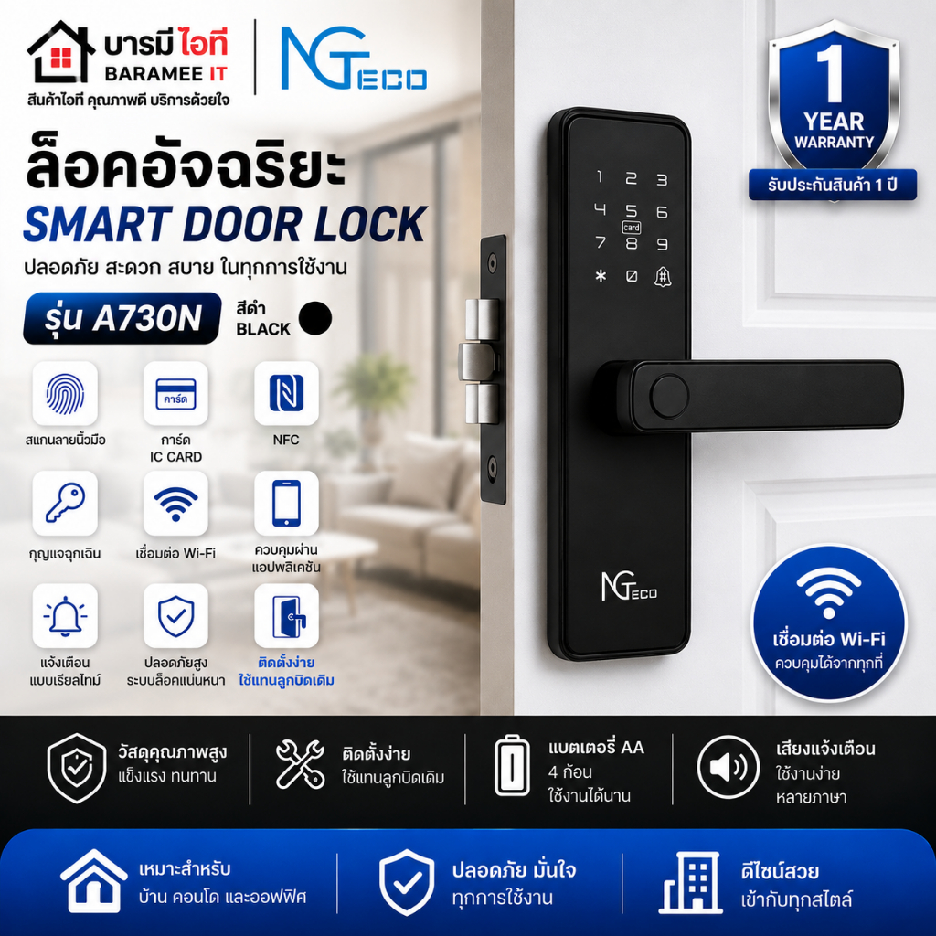 NGTeco  Smart Lock ล็อคประตูอัจฉริยะใช้แทนลูกบิดเดิม รองรับWiFi สแกนลายนิ้วมือ รหัสผ่าน IC Card และค
