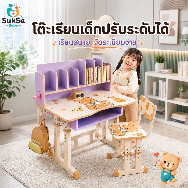 โต๊ะเขียนหนังสือเด็ก โต๊ะเรียนเด็ก สีชมพู ปรับระดับได้ สำหรับอ่านหนังสือ ทำการบ้าน และทำกิจกรรม