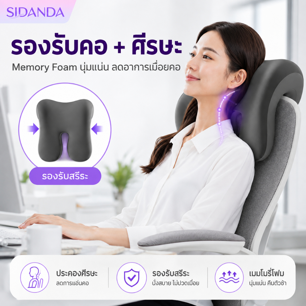 หมอนนอนออฟฟิศ หมอนรองคอ เมมโมรี่โฟม Ergonomic ลดปวดคอ  นอนงีบสบาย สำหรับเก้าอี้สำนักงานและโต๊ะทำงาน