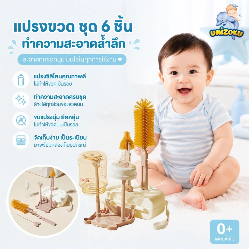 แปรงล้างขวดนมพรีเมี่ยม / แปรงล้างจุกนม ชุดแปรงทําความสะอาด 6 ล้างขวดนม จุกนม หลอด 4 in 1