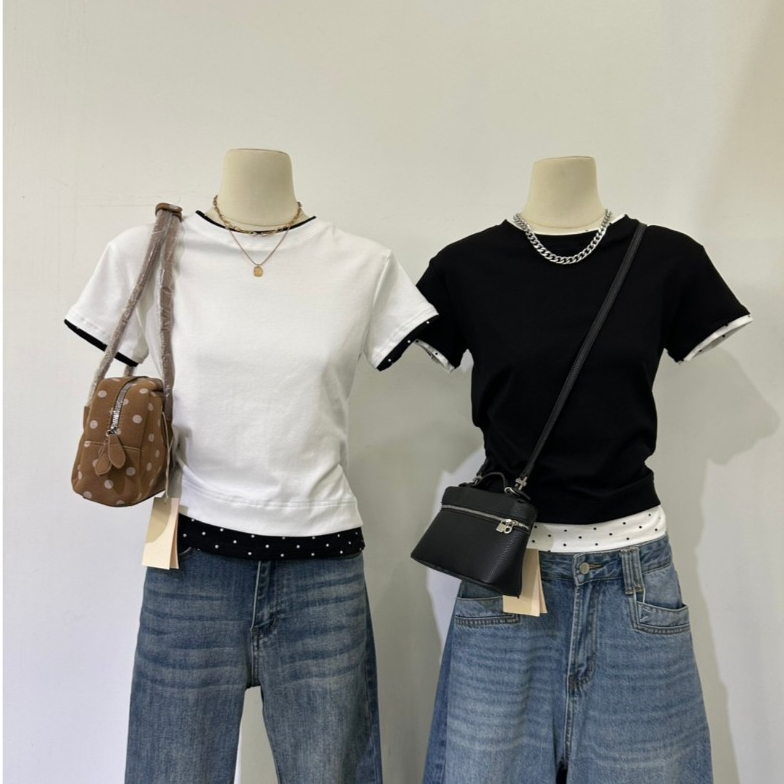 A1096 เสื้อแขนสั้นดีเทลขอบแขนและชายเสื้อ เพิ่มลูกเล่นเล็ก ๆ ให้เสื้อ Basic ดูน่ารักขึ้นทันที