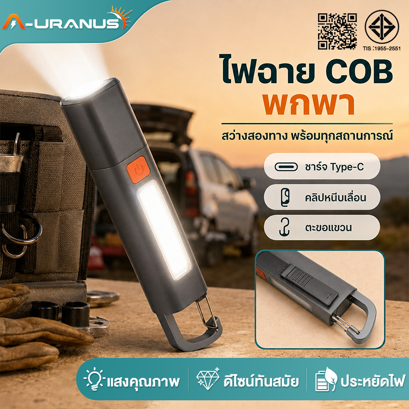 ไฟฉาย LED ชาร์จไฟได้ COBไฟด้านข้าง กันน้ํา ขนาดเล็ก สว่างเป็นพิเศษ พร้อมตะขอ แคมป์ปิ้ง Type-C