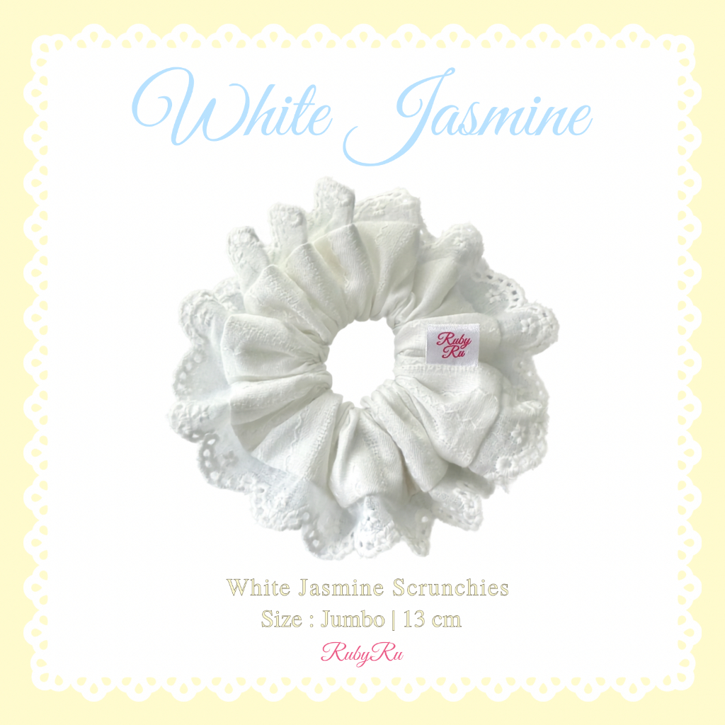 RubyRu ꕤ White Jasmine Scrunchies ꕤ ยางมัดผมขอบลูกไม้