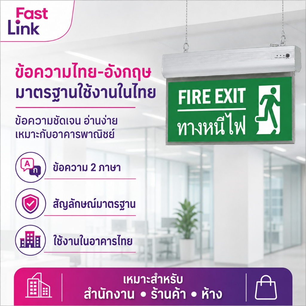 ป้ายทางหนีไฟฉุกเฉิน LED แขวนเพดาน สองภาษาไทยอังกฤษ ไฟทางออกฉุกเฉิน อะคริลิค สำหรับสำนักงาน ร้านค้า ห้างสรรพสินค้า