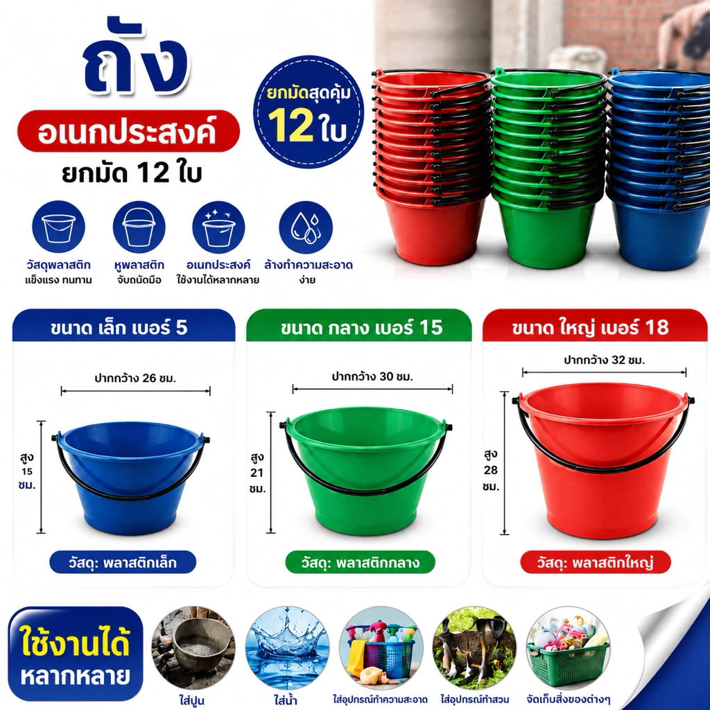 กระป๋อง ถังอเนกประสงค์ใส่ปูน เบอร์5 เบอร์15 เบอร์18 กระป๋องน้ำ ใส่น้ำ หูพลาสติก ยกโหล12ใบ