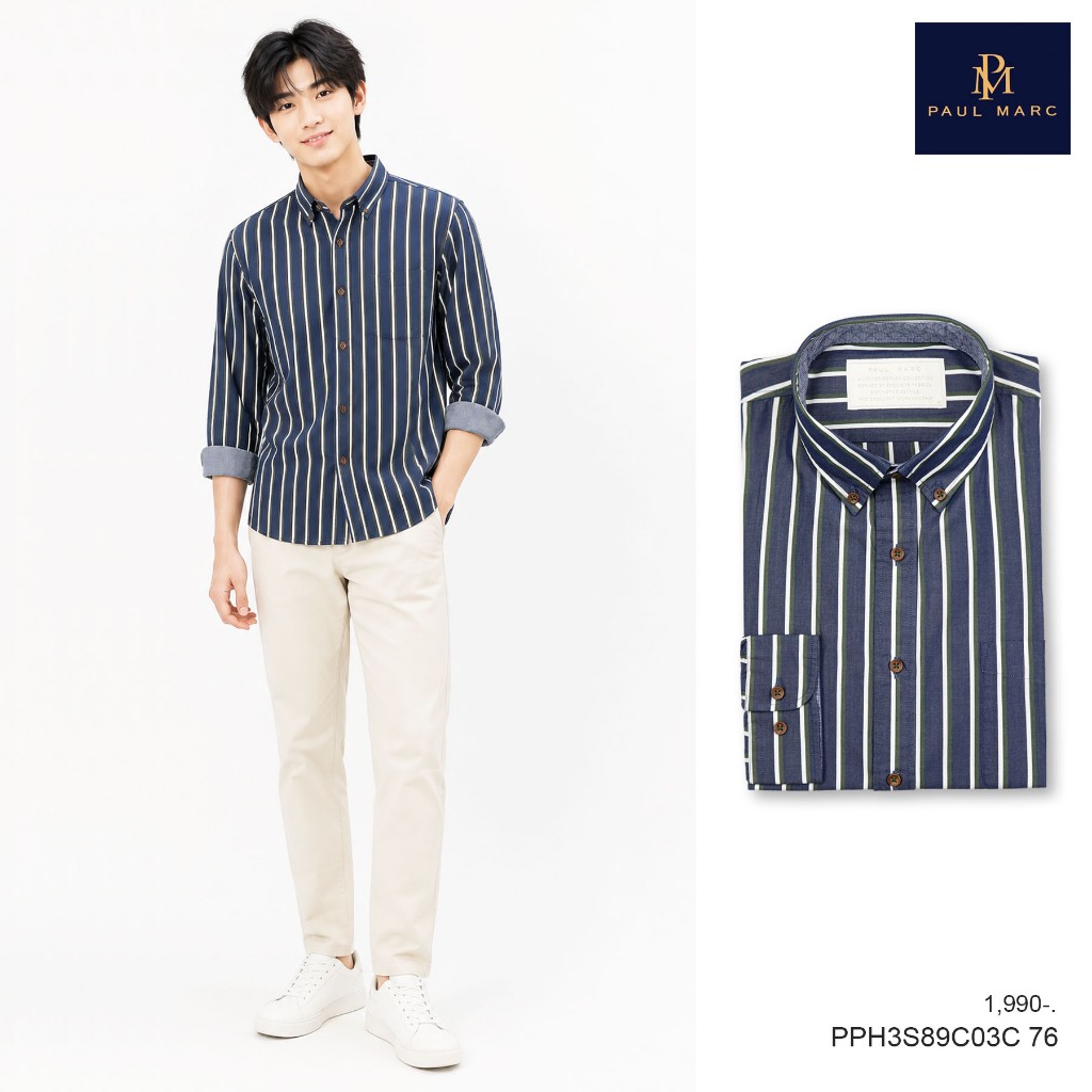 PAUL MARC เสื้อเชิ้ตแขนยาวลายริ้ว สีกรมท่า ปก button down ผ้านุ่มใส่สบาย รีดง่าย PPH3S89C03