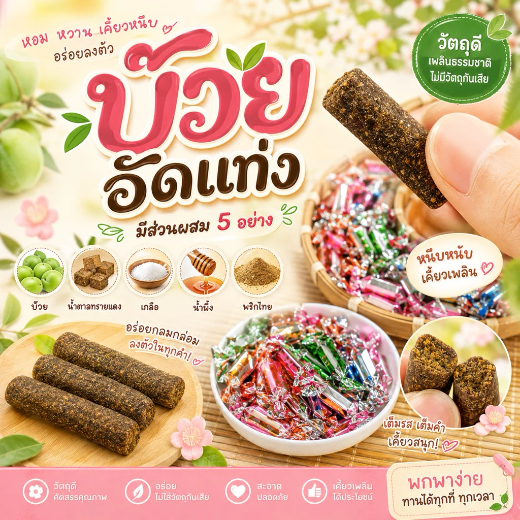 บ๊วยอัดแท่ง 200 กรัม ส่วนผสม 5 อย่าง เปรี้ยวอมหวาน เปลือกส้มเขียวหวาน, ฮอว์ธอร์น,พลัม,มะม่วง,ชะเอมเทศ,เครื่องเทศ