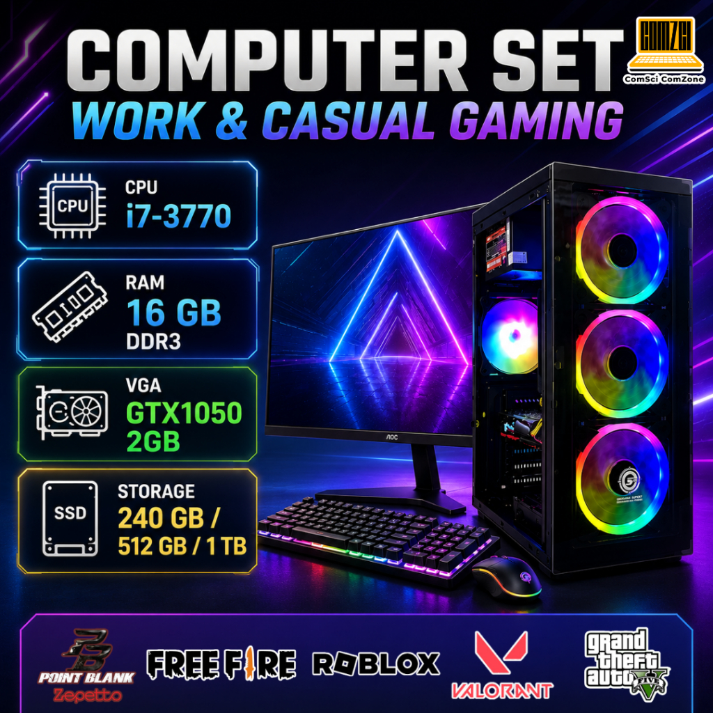 คอมพิวเตอร์ครบชุด Core-i7 / Ram 16GB / SSD512, 1TB / GTX1050 2GB ทำงาน,เล่นเกม Freefire, Valorant, GTA V -ComSciComZone